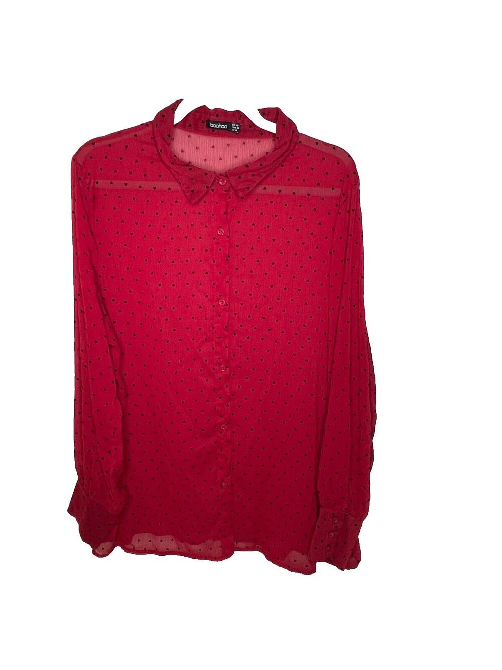 Boohoo Shirt Plus Sized 14 Red Heart Print Oversize Mesh Thin Button Up Long